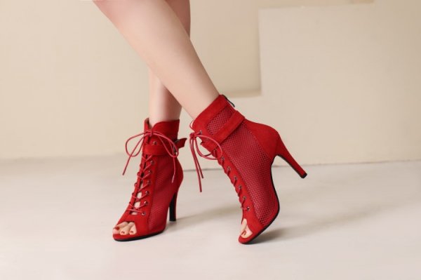 Stylish Peep Toe Hollow Mesh Cross Lace-up Buckle Dance High Heels