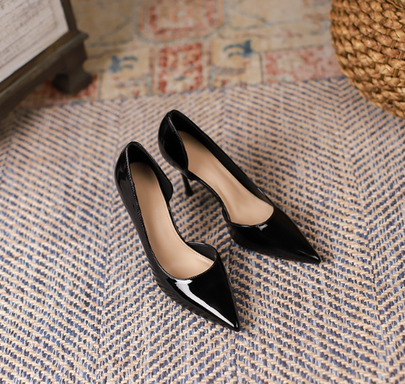 Korean Style Fairy Style Patent Leather High Heels Solid Color Pointed Toe