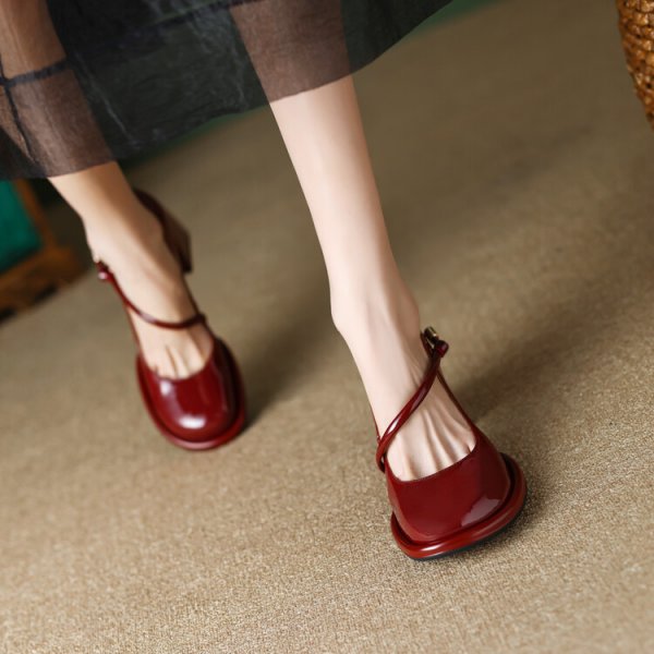 Vintage Mary Jane Shoes Women's Spring French Style Red High Heels Chunky Heel Low-cut Shoes